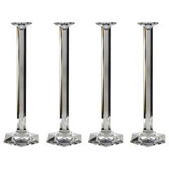 Retro Four Tall French Crystal Hexagonal Cut Candlesticks by Baccarat