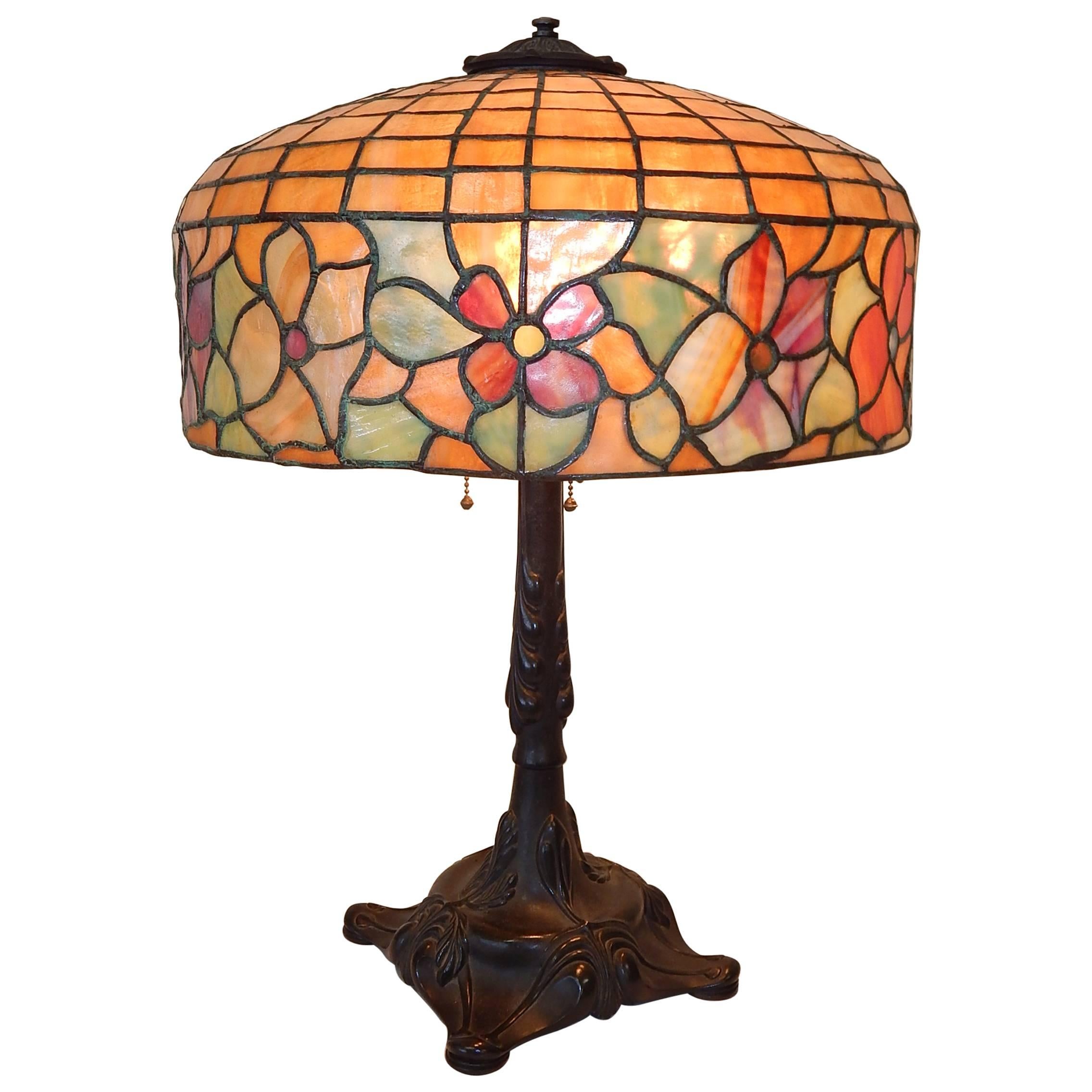 Tiffany Style Leaded Glass Table Lamp by Bradley & Hubbard For Sale