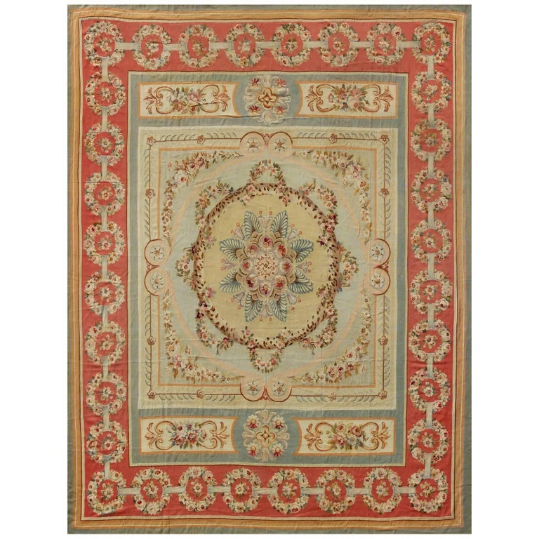 French Aubusson Carpet with Garlands of Roses and Intricate Design For