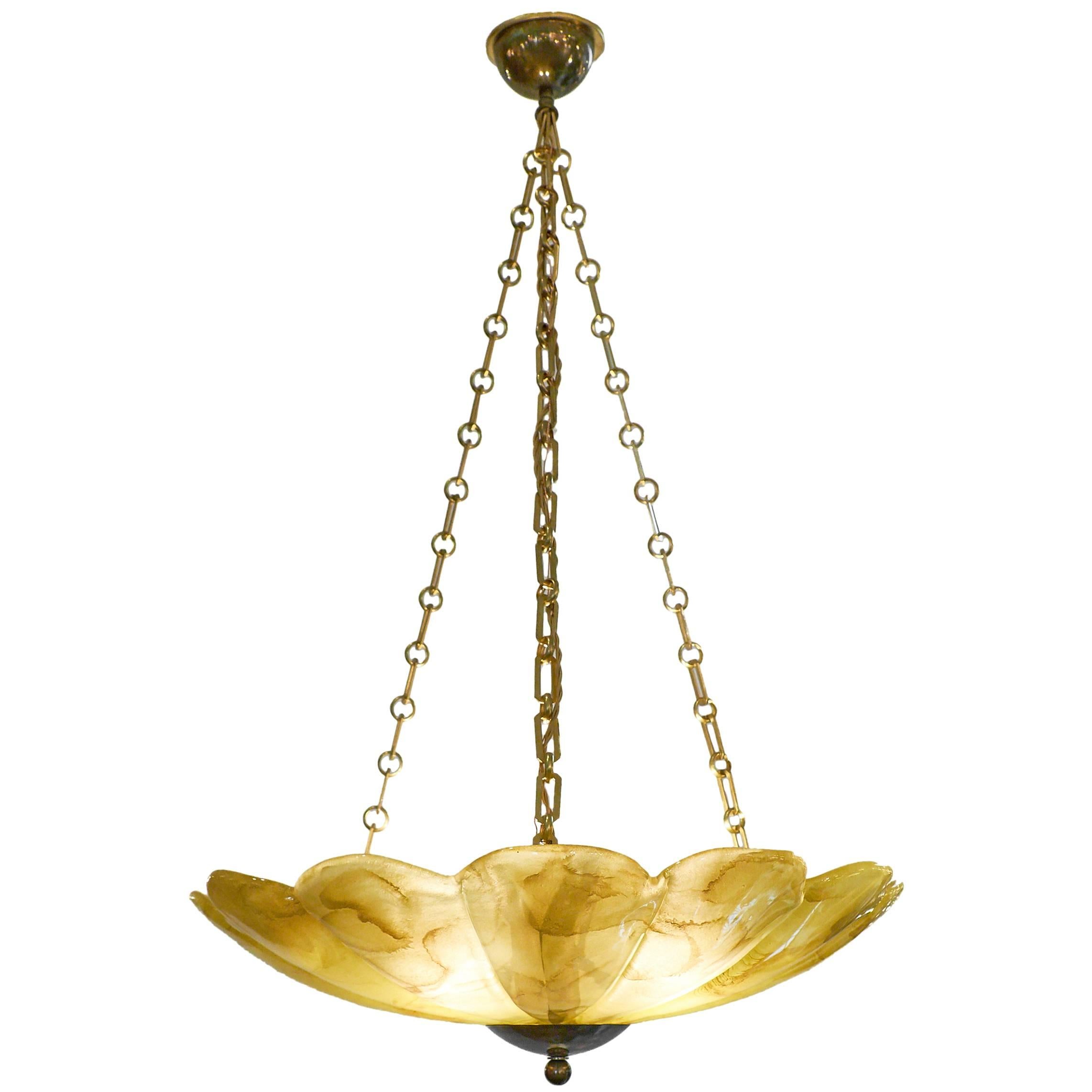 Amber Murano Glass and Brass Pendant Chandelier