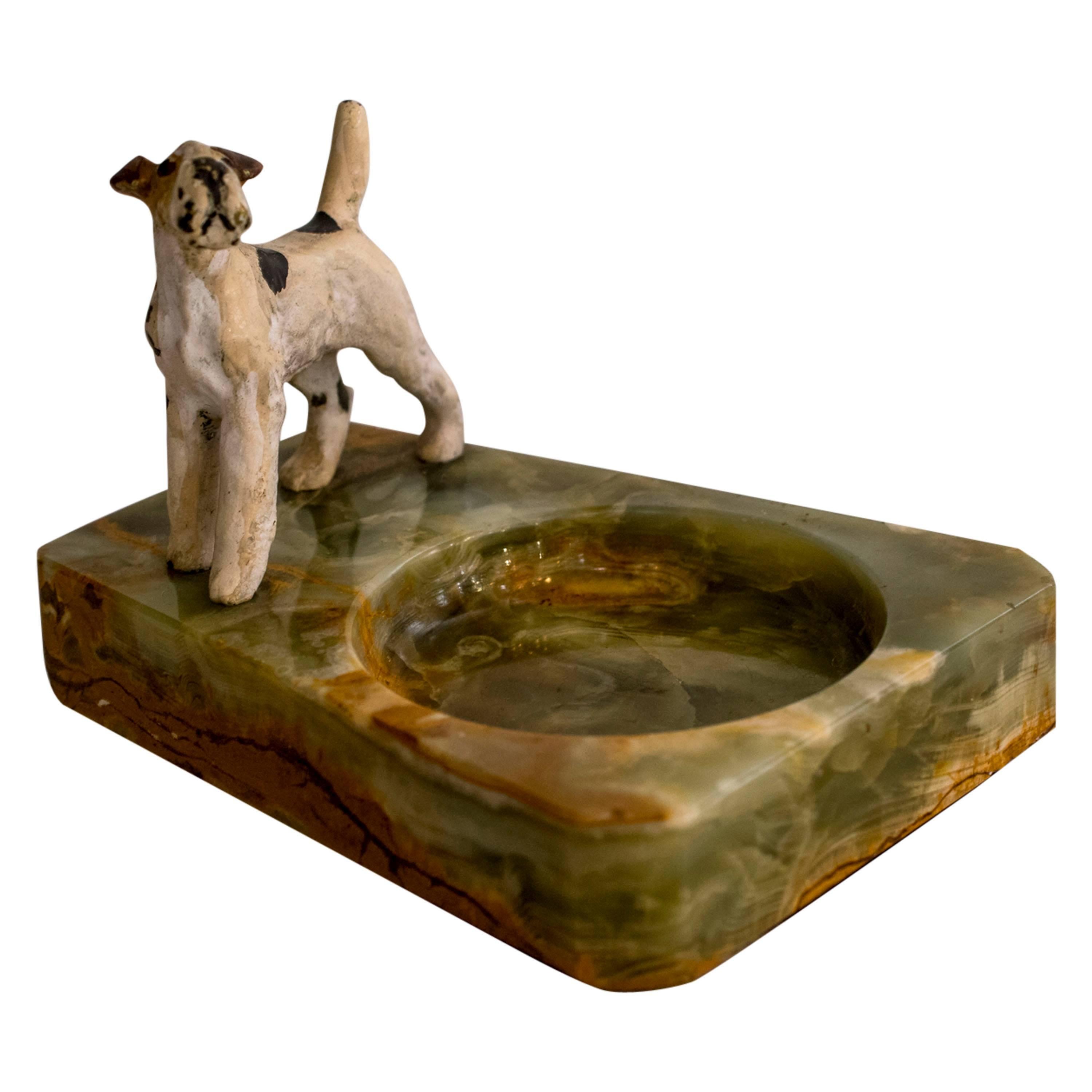 Vienna Bronze Dog Figurine with Marble Ashtray