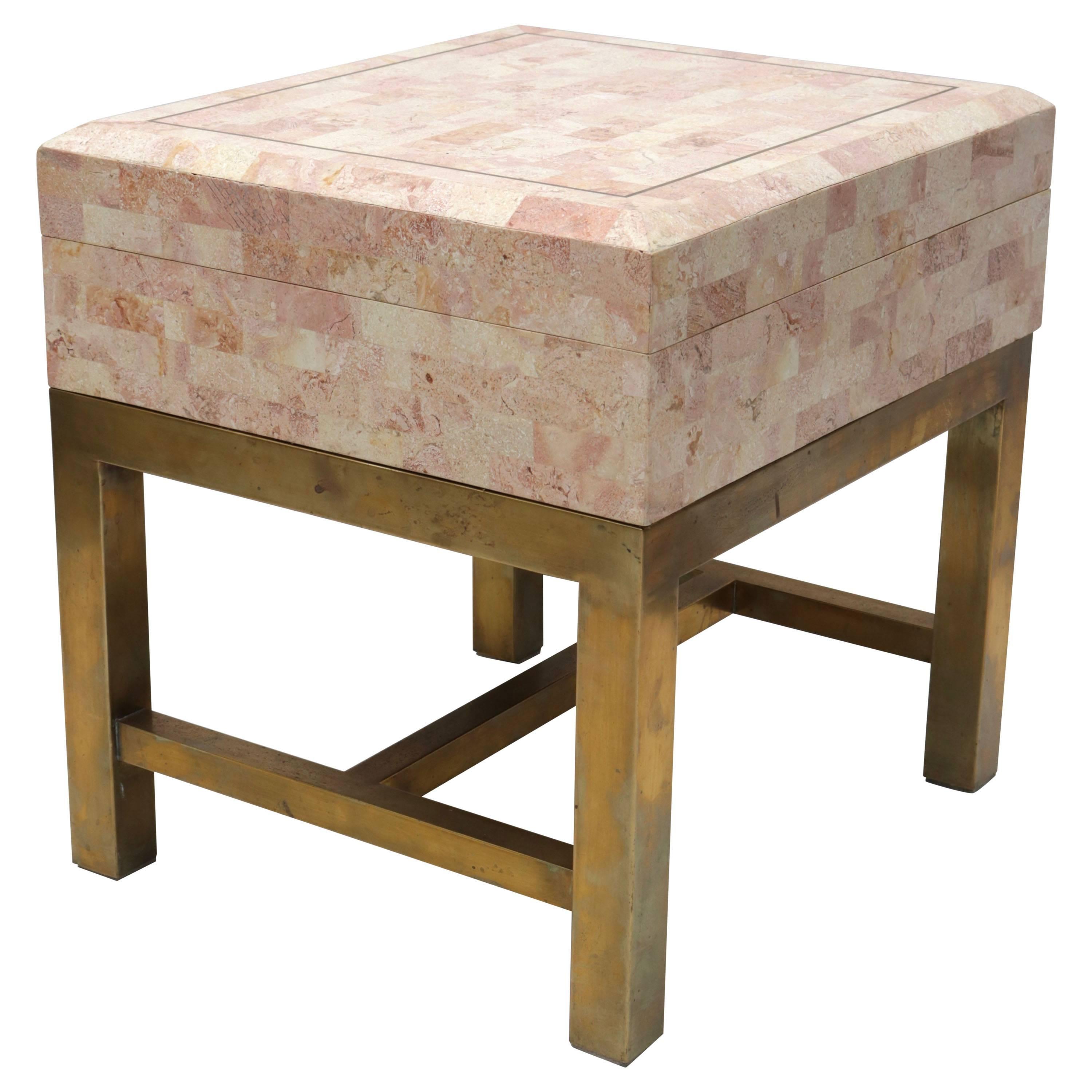 Maitland Smith Style Tessellated Marble Box on Brass Stand Side Table