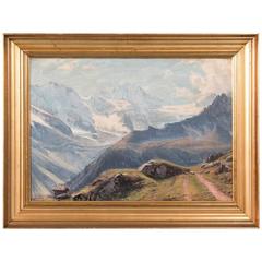 Antique 19th Century Original Oil Painting of a European Alpine Scene