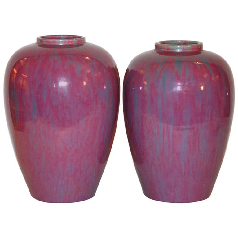 Pair of Art Deco Pink Flambé Awaji Ginger Jars For Sale