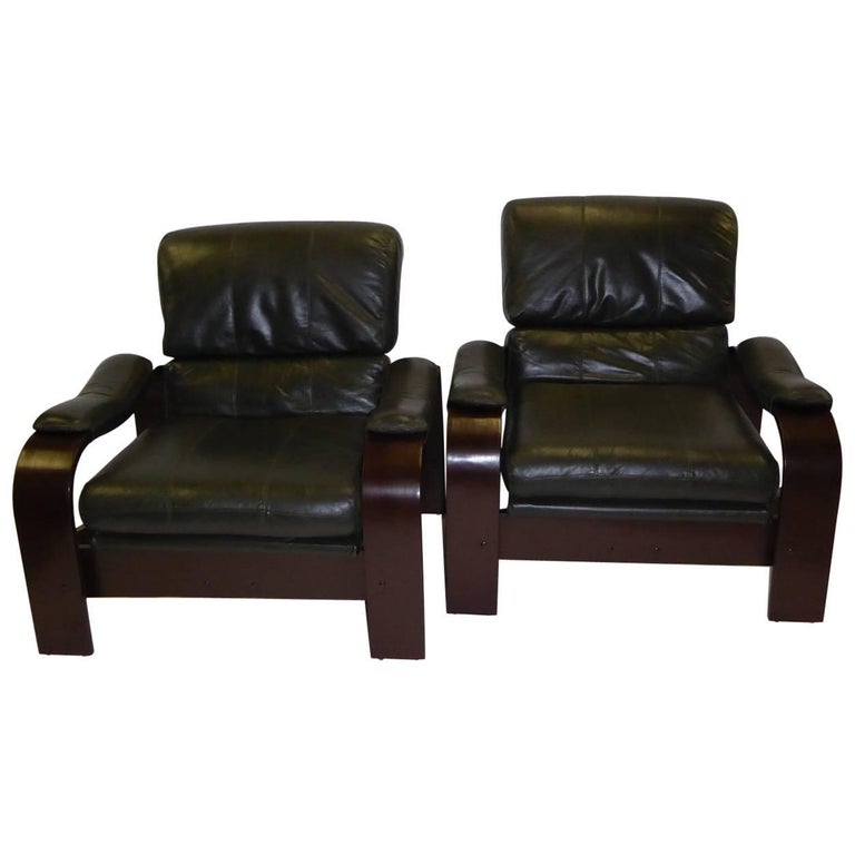 Alvar Aalto Style Dark Green Leather and Bentwood Lounge Armchairs at
