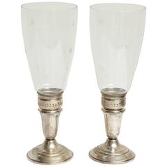 Antique Pair of 20th Century Sterling and Crystal Candleholders