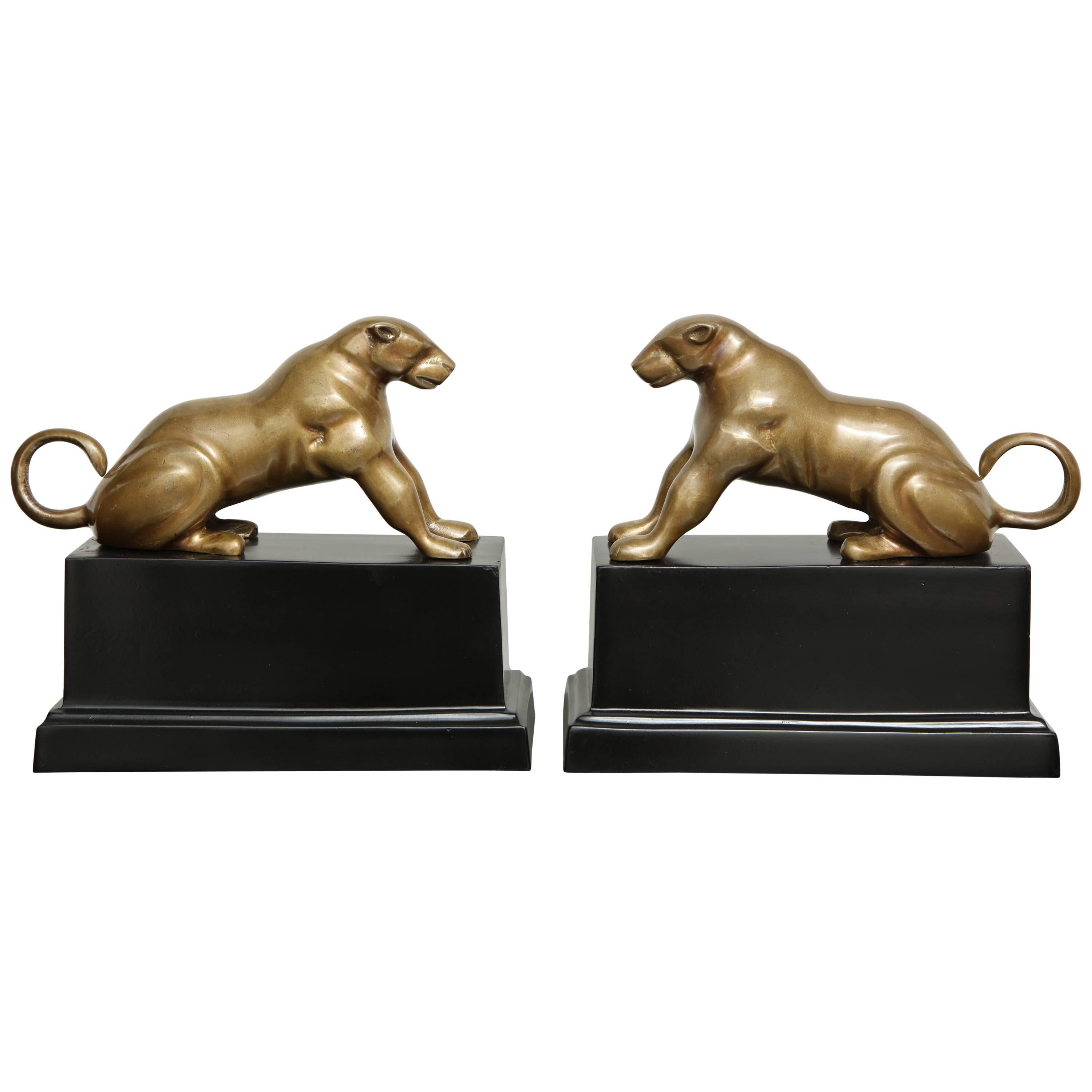 Pair of Mid-Century Polished Brass Panther Sculptures
