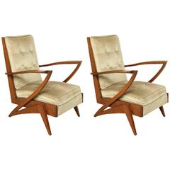 Pair of French Mid-Century Modern Wood and Upholstered Armchairs, circa 1950