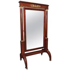 Antique French Cheval Mirror, Bronze and Mahogany