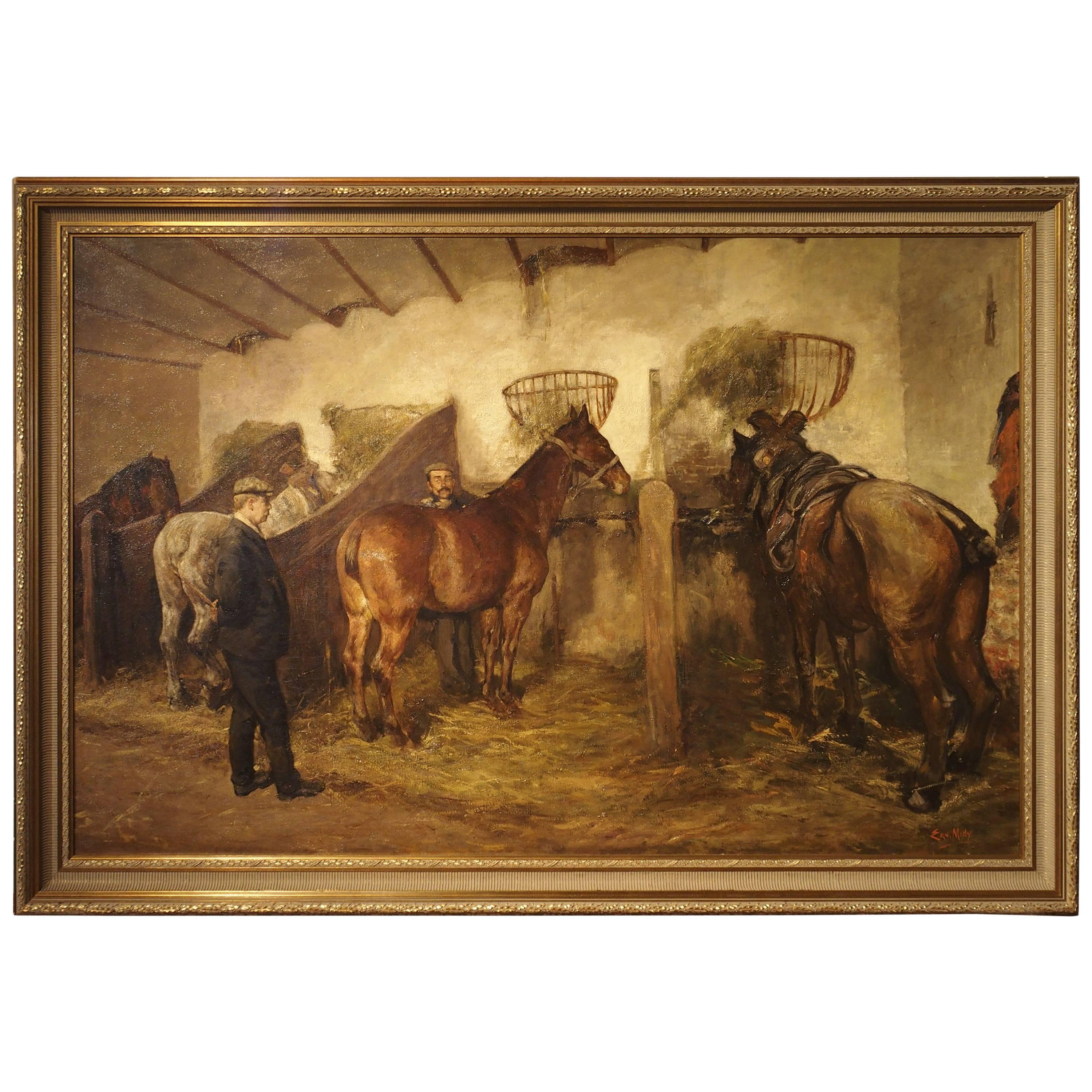 Large Oil on Canvas from Belgium, 'The Horse Stable'