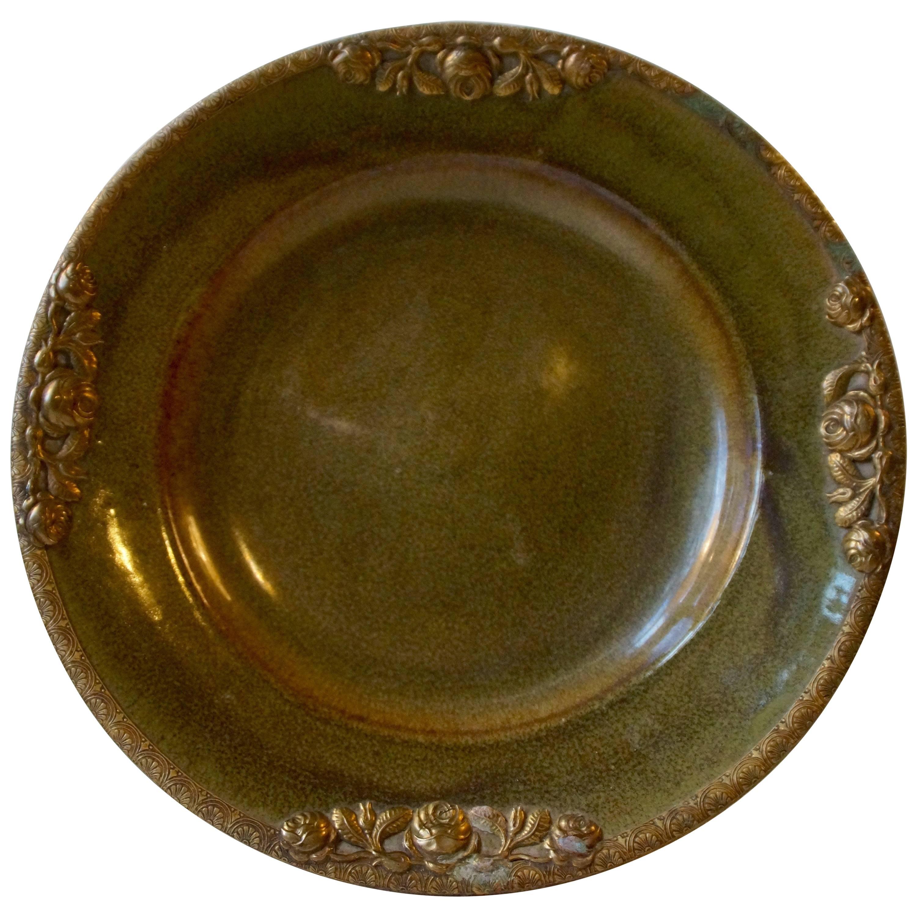Danish Stoneware Bowl by Michael Andersen with Floral Brass Edge and Ornaments For Sale