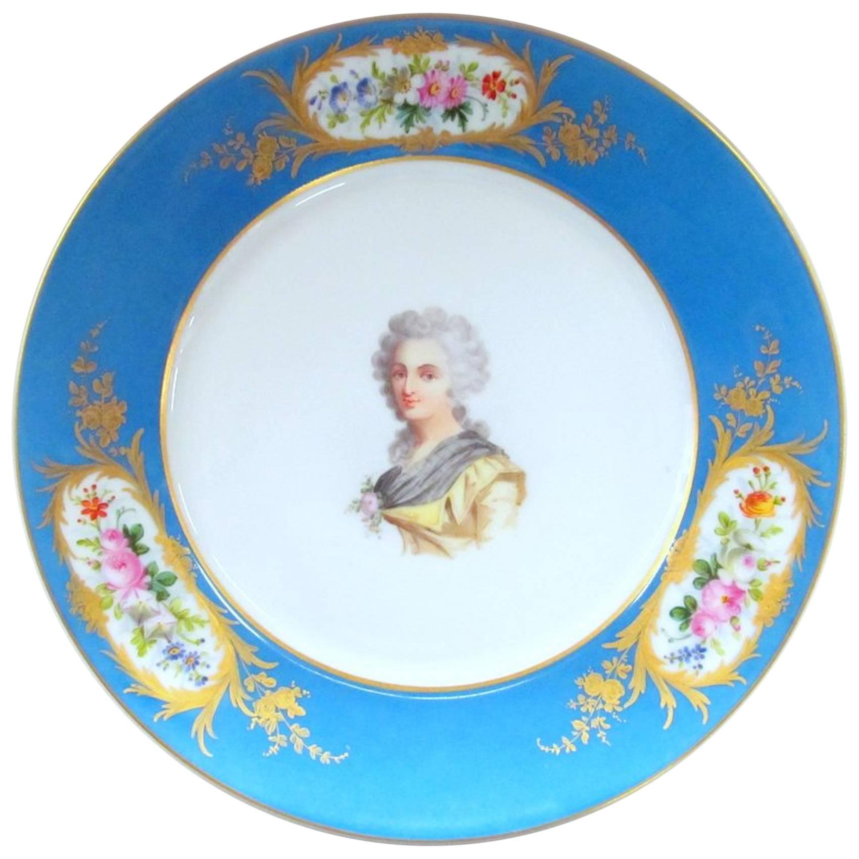 Antique French Sèvres Hand-Painted Porcelain Portrait Cabinet Plate