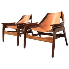 Pair of Walnut and Saddle Leather Lounge Chairs by Jerry Johnson