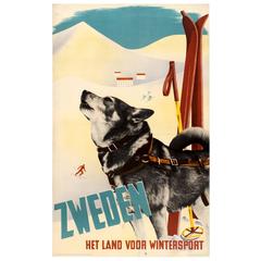 Original Vintage Poster for "Sweden - The Country for Winter Sports" Sledge Dog