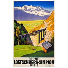 Original Vintage Travel Poster Advertising, the Bern Lotschberg Simplon Railway