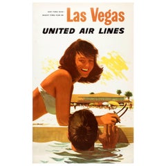 Affiche vintage originale de Las Vegas United Air Lines « Day Time Sun Night Time Fun »