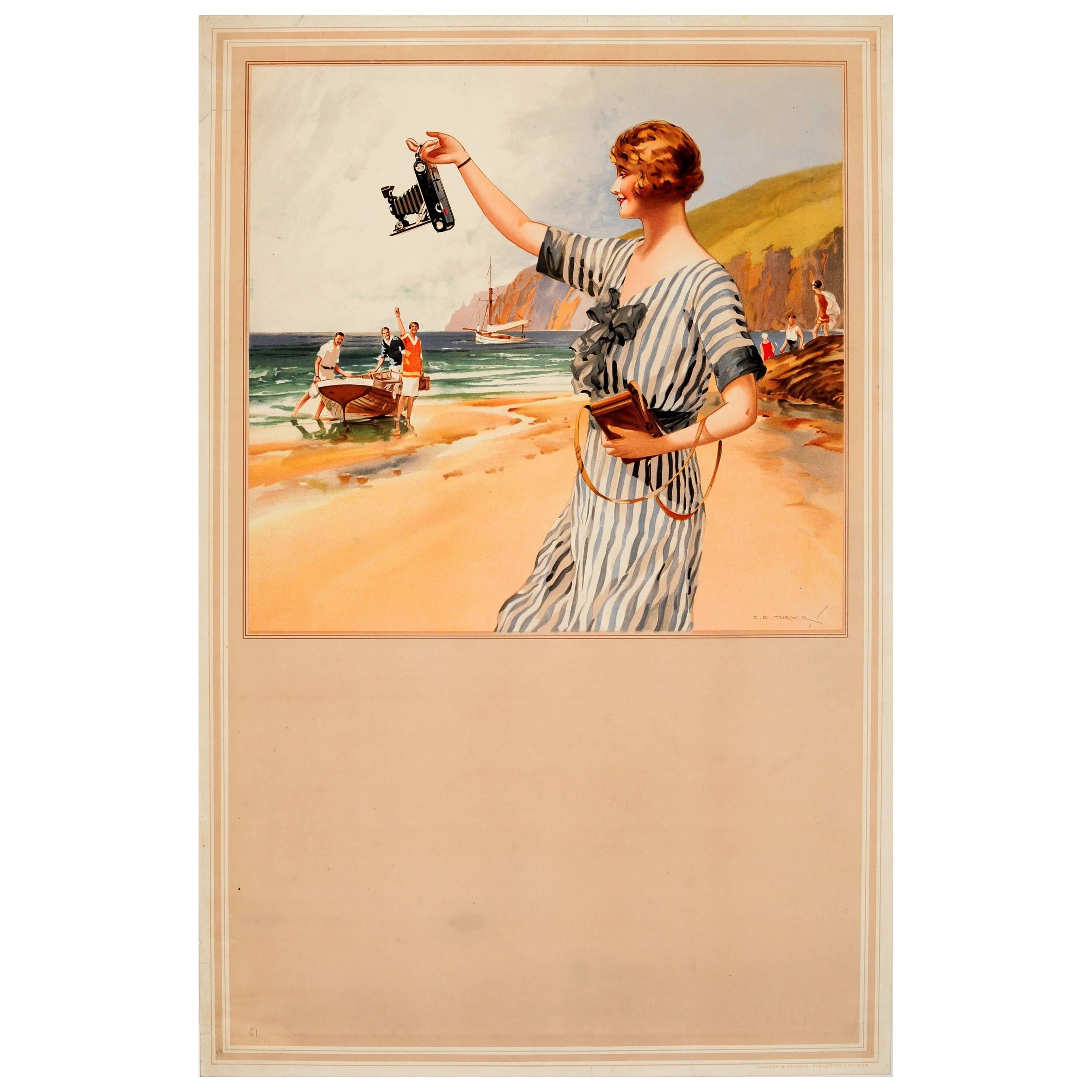 Original Vintage Kodak Camera Advertising Poster ft. Summer Beach Scene Painting