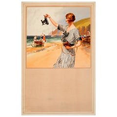 Original Antique Kodak Camera Advertising Poster ft. Summer Beach Scene Painting