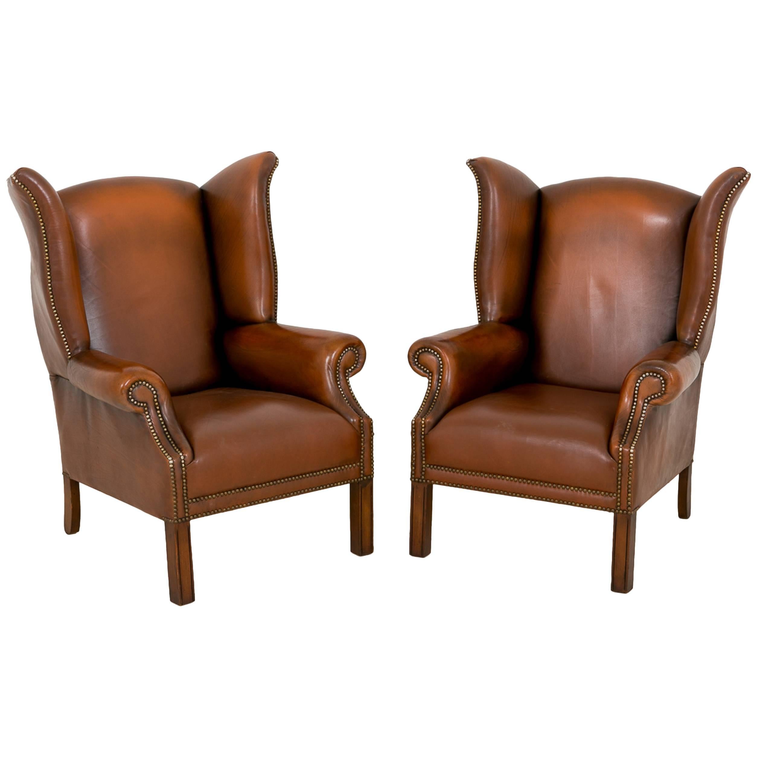 Pair of Leather Wing Chairs For Sale