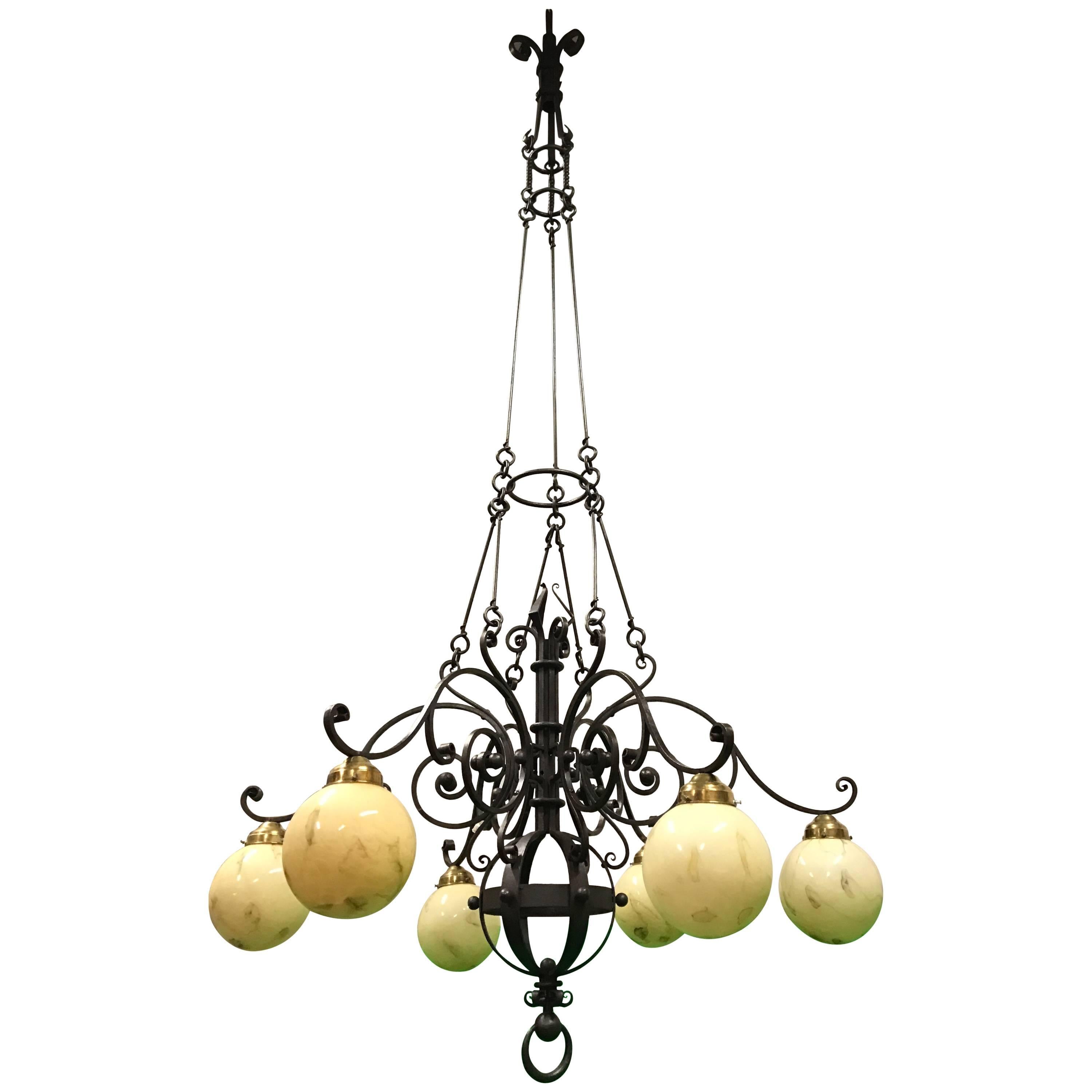  Huge 9 Feet High, Arts & Crafts Wrought Iron, Marbled Glass Chandelier Pendant  For Sale