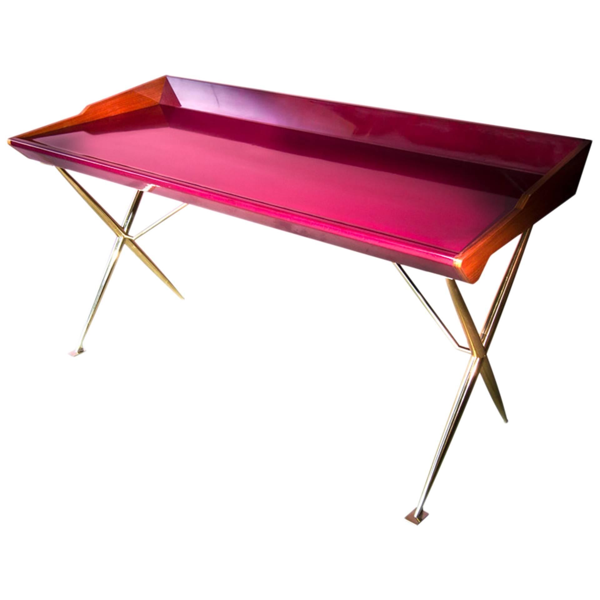 21st Century European Midcentury Inspired Lacquered Wood and Brass Writing Desk