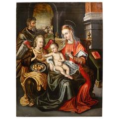 "Holy Family with an Angel" Oil on Oak, Antwerpen Workshop, Mid-16th Century