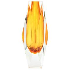 Huge Mandruzzato Orange and Clear Faceted Murano Sommerso Vase