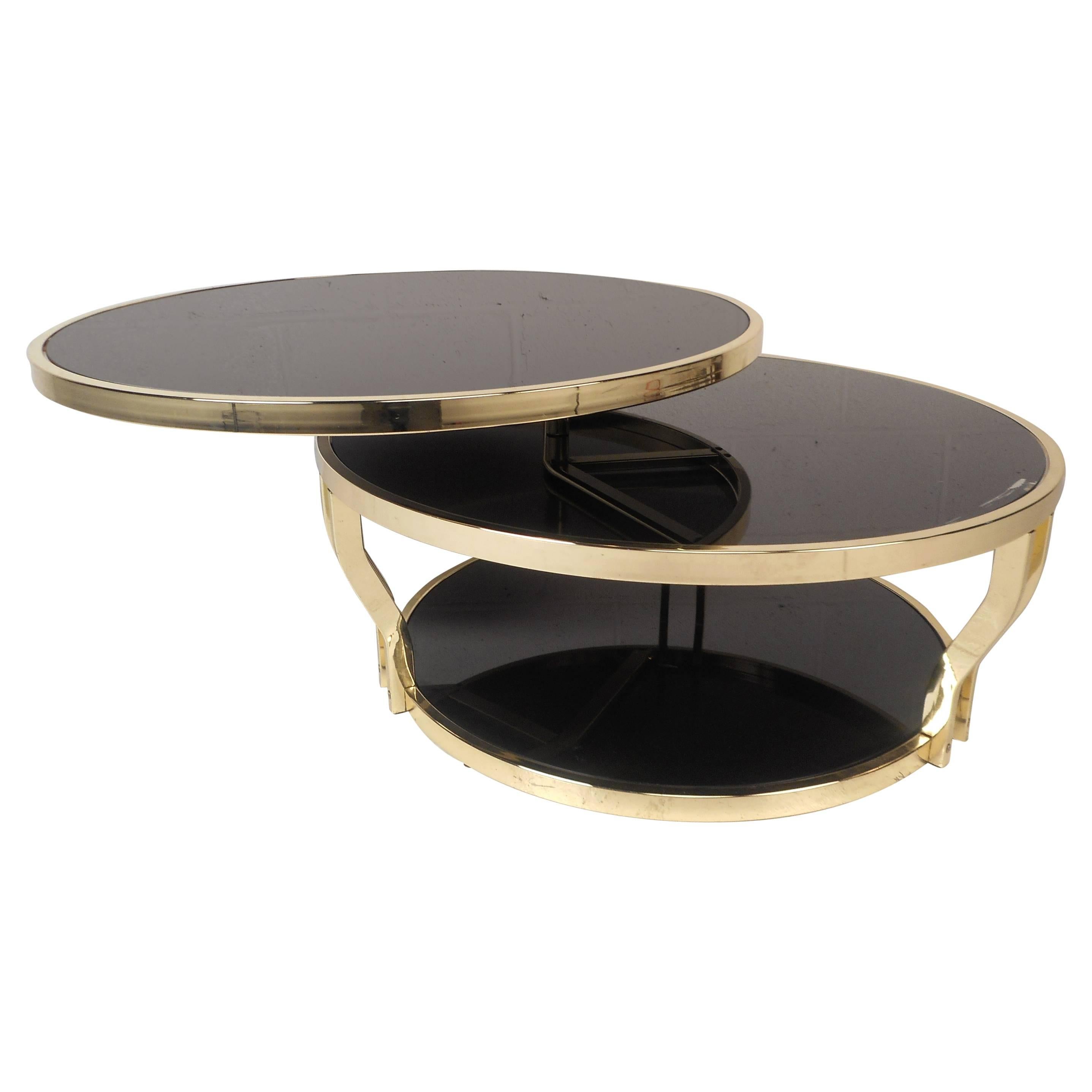 Mid-Century Modern Italian Brass and Smoked Glass Swivel Coffee Table