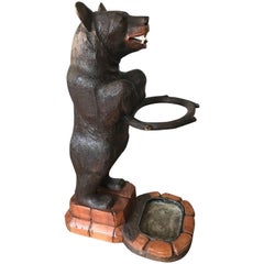Antique Hand-Carved and Sizable Wooden Black Forest Bear Umbrella & Stick Stand