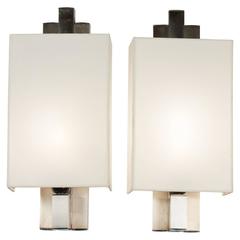 Pair of Chrome Column Sconces with Box Shades 11