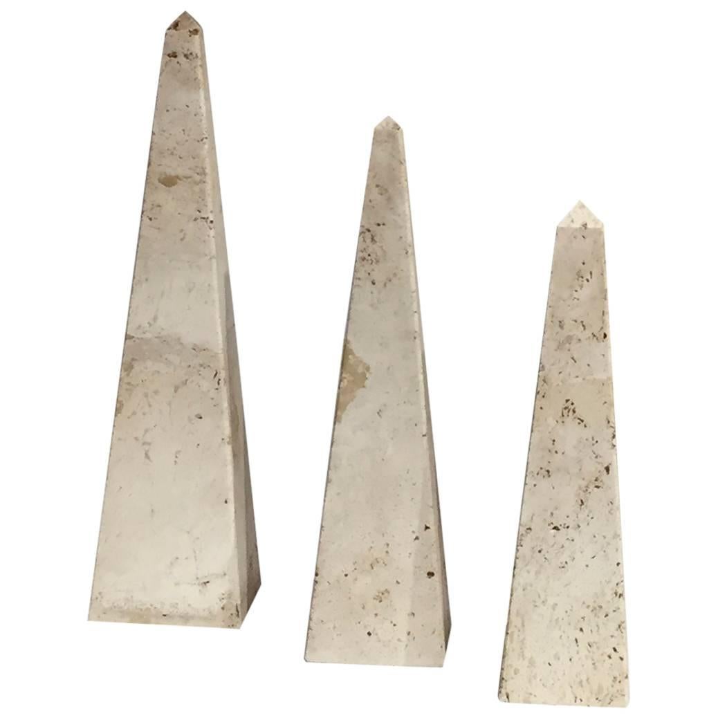 Suite of Three Decorative Travertine Obelisks, Italy, 1970s