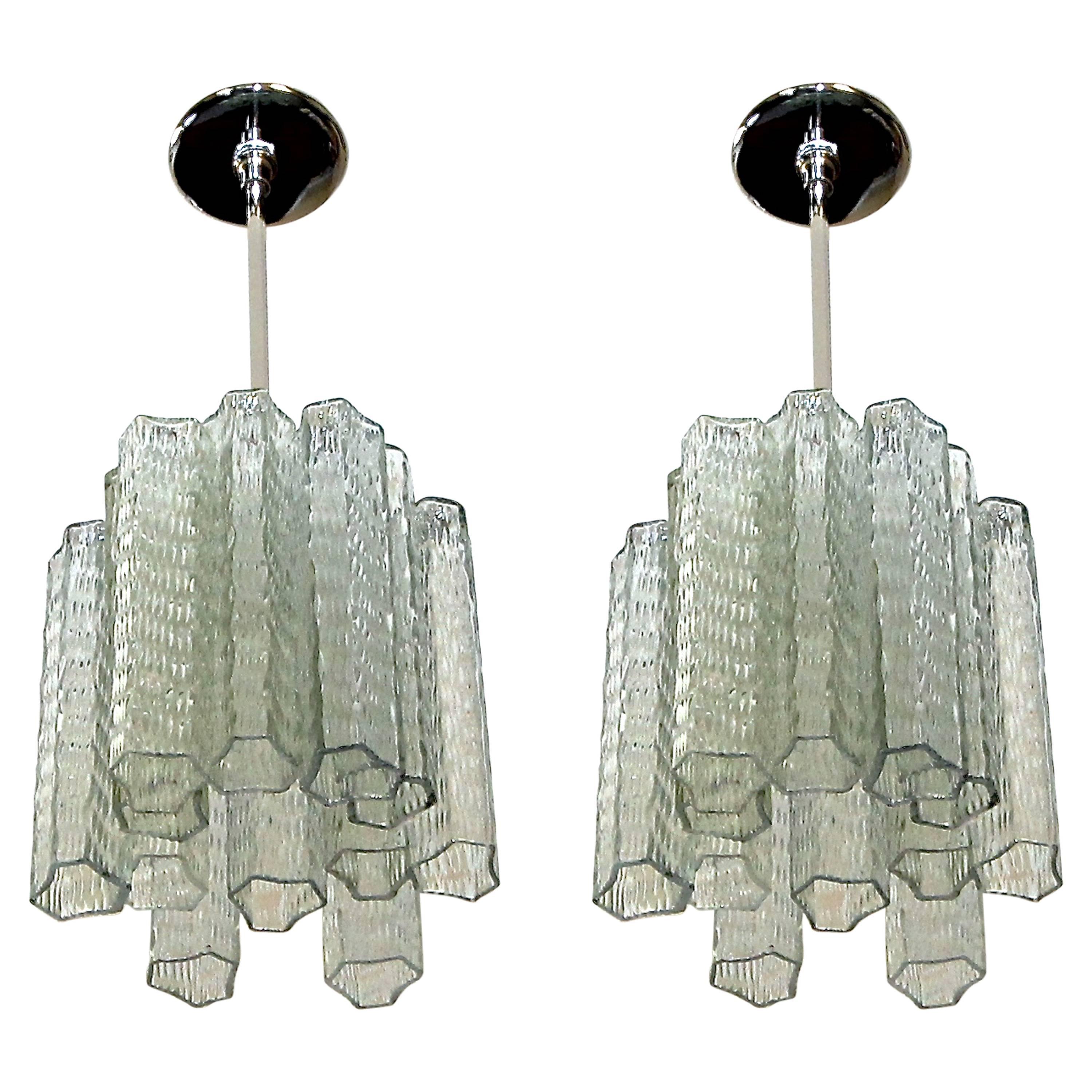 Pair of Murano Venini Style Tronchi Glass Ceiling Pendant Lights