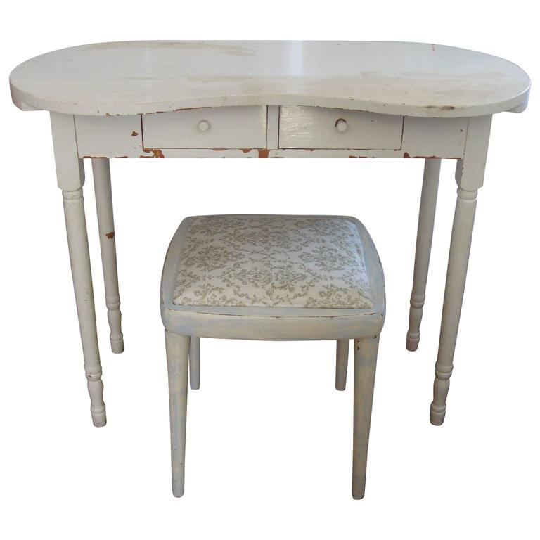 Petite Hollywood Regency/Shabby Chic Distressed White Vanity and  Upholstered Benc at 1stDibs