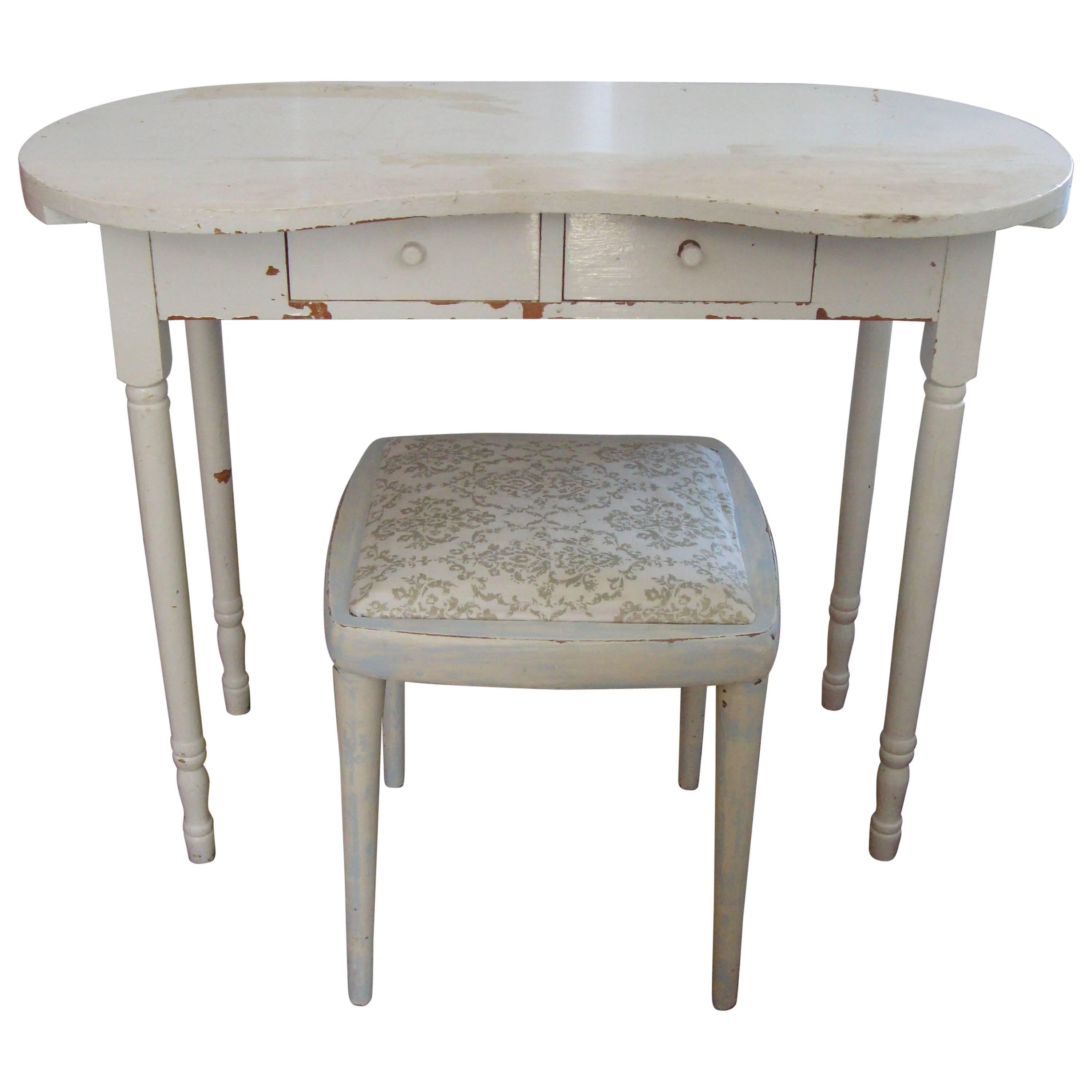 Petite Hollywood Regency/Shabby Chic  Distressed White Vanity 
Upholstered Benc