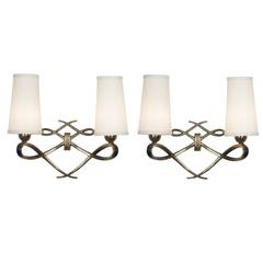 Pair of Two-Arm Looped Bronze Wall Sconces, French, 1940s
