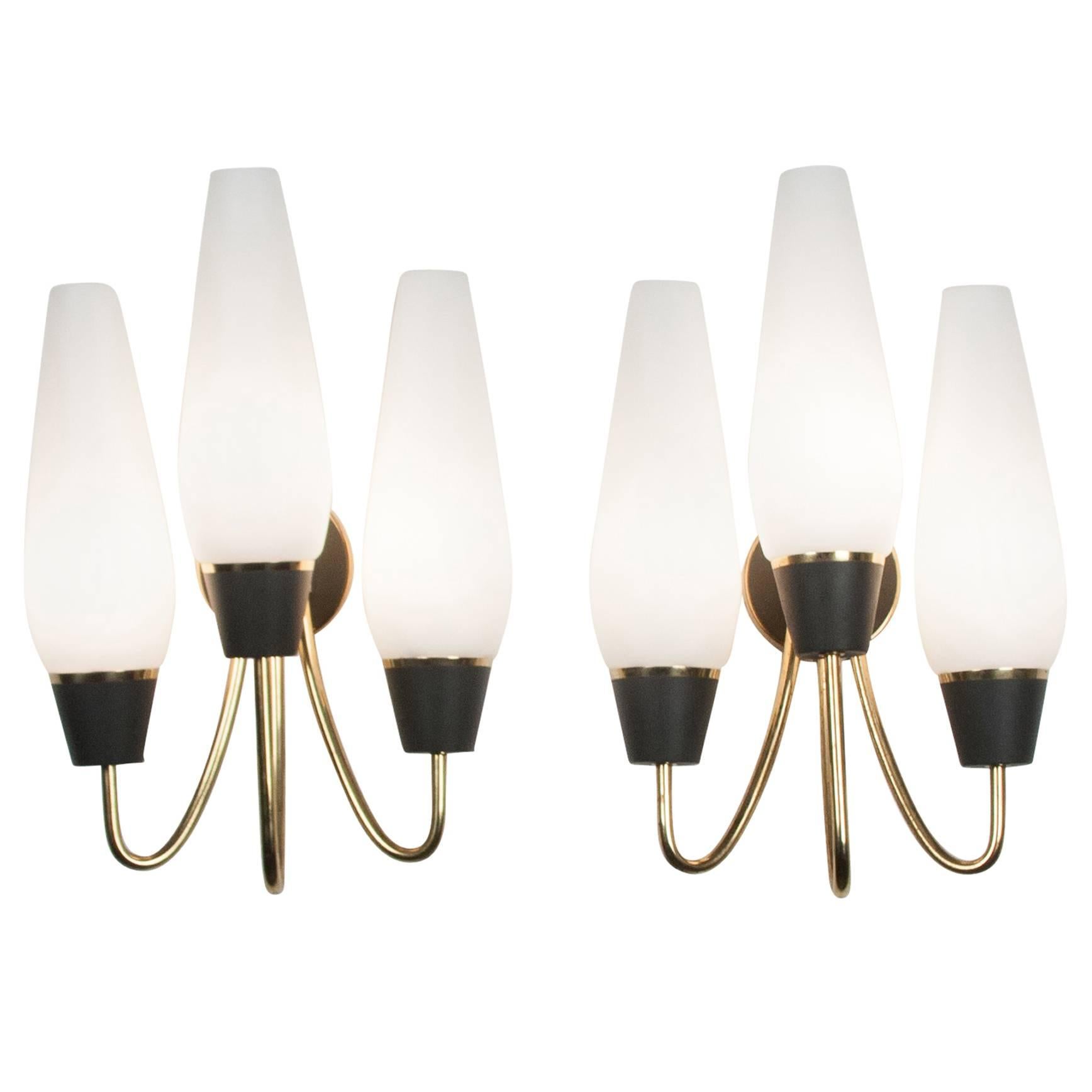 Pair of Three-Arm Frosted Glass Wall Sconces For Sale