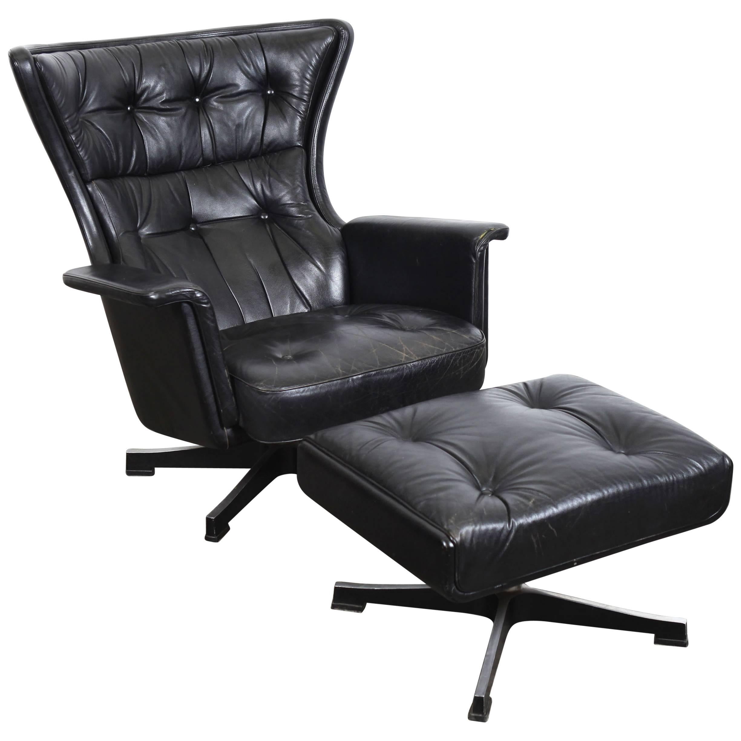 Swedish Mid-Century Modern Vintage Black Leather Swivel Lounge Chair 