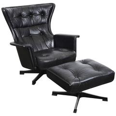 Swedish Mid-Century Modern Vintage Black Leather Swivel Lounge Chair