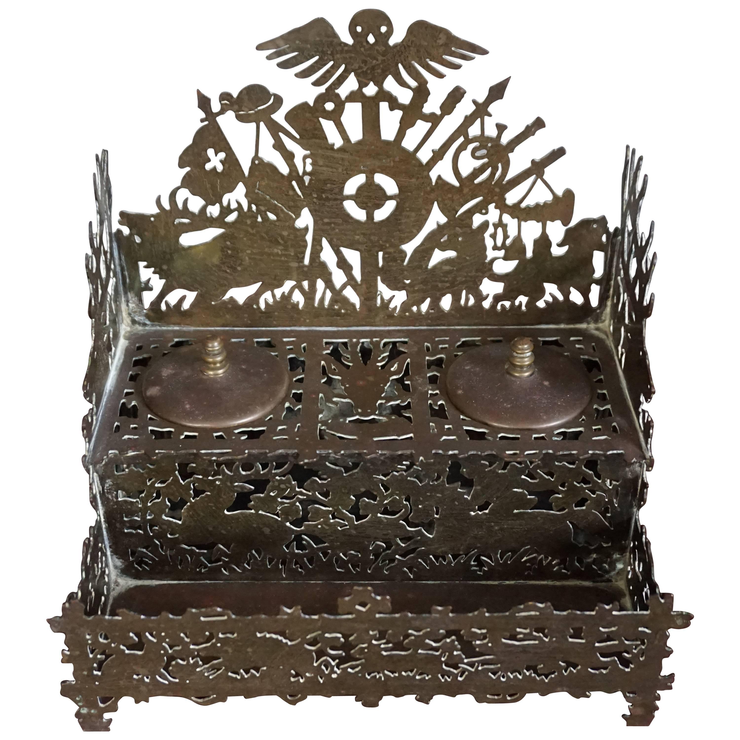 Unique & Intricate Swiss Black Forest Style Hunting Ink Stand Original Inkwells