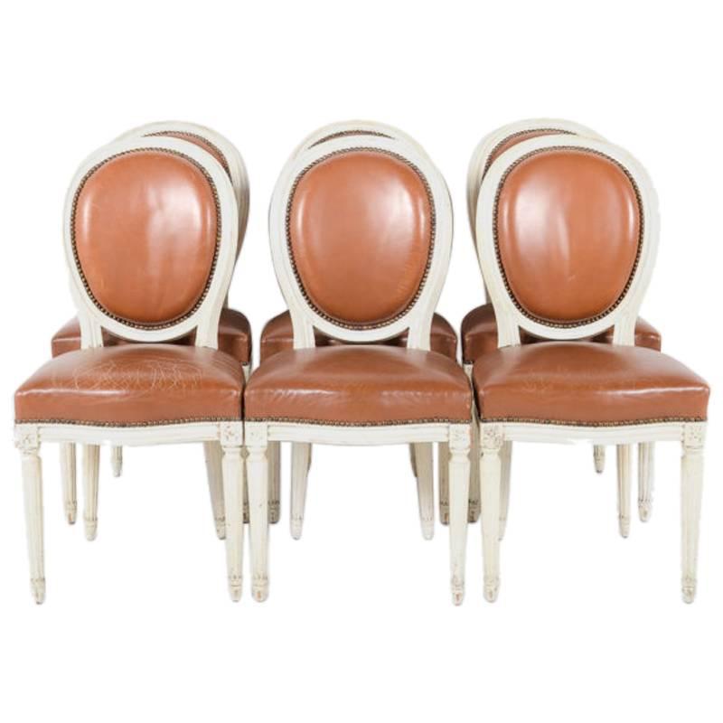 Set of 8 French Louis XVI Cameo-Back Chairs with Leather Upholstery