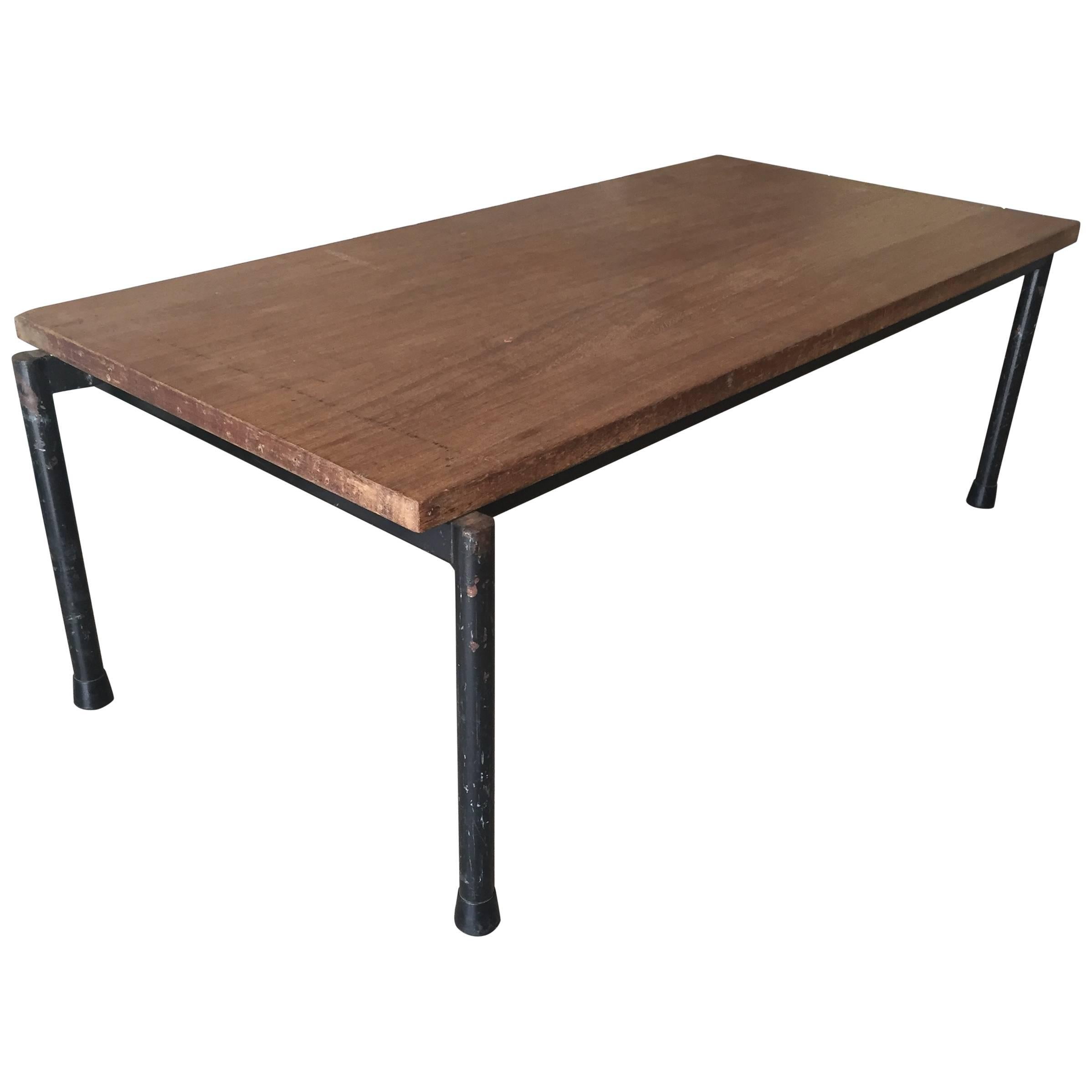 1950s Industrial Coffee Table Blacked Metal and Thick Solid Teak Wood Top