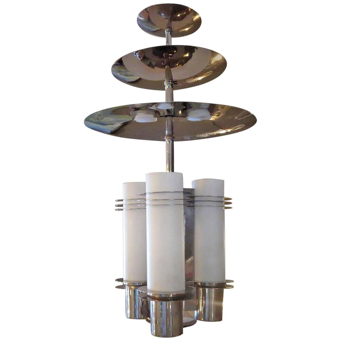 Art Deco Chandelier in Polished Nickel and Glass