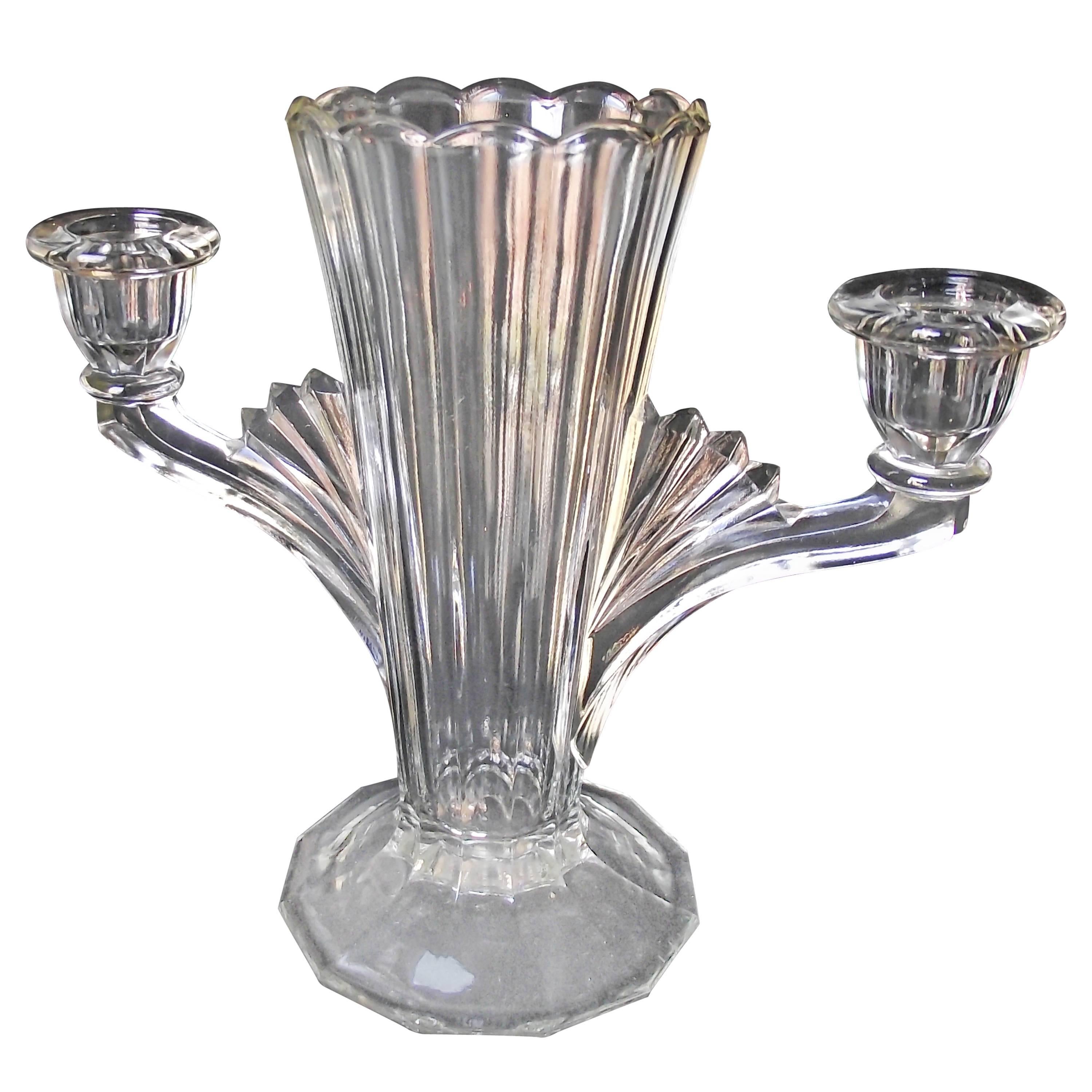 Ard Deco Vase/Candleholder Out of Clear Pressed Glass with Optic For Sale