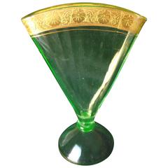 Art Deco Fan Vase with 24-karat, Gold Trim, Art Glass, Green Pressed Glass