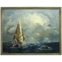 "Trio," Rare and Early Oil Painting of Three Nudes in Surreal Landscape