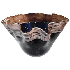 Murano Latticino Blown Glass Bowl, Blue Glass Bowl, Handkerchief Vase Bowl