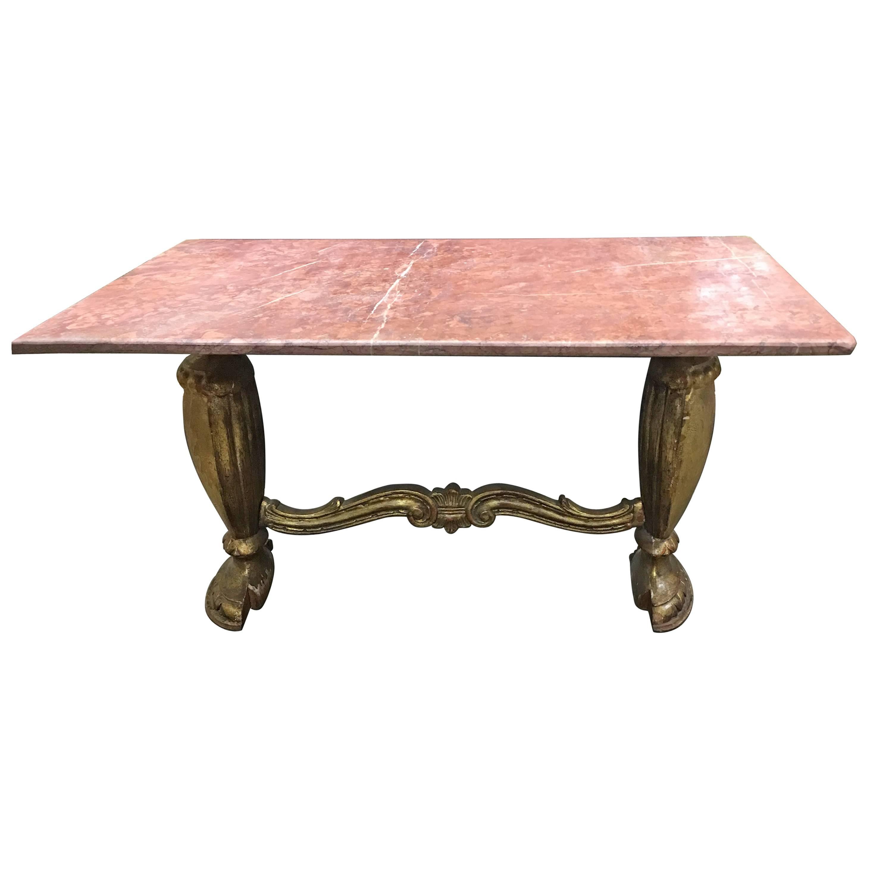 Early 1900s Gold Gilt Italian Coffee Table with French Marble Top Not Original