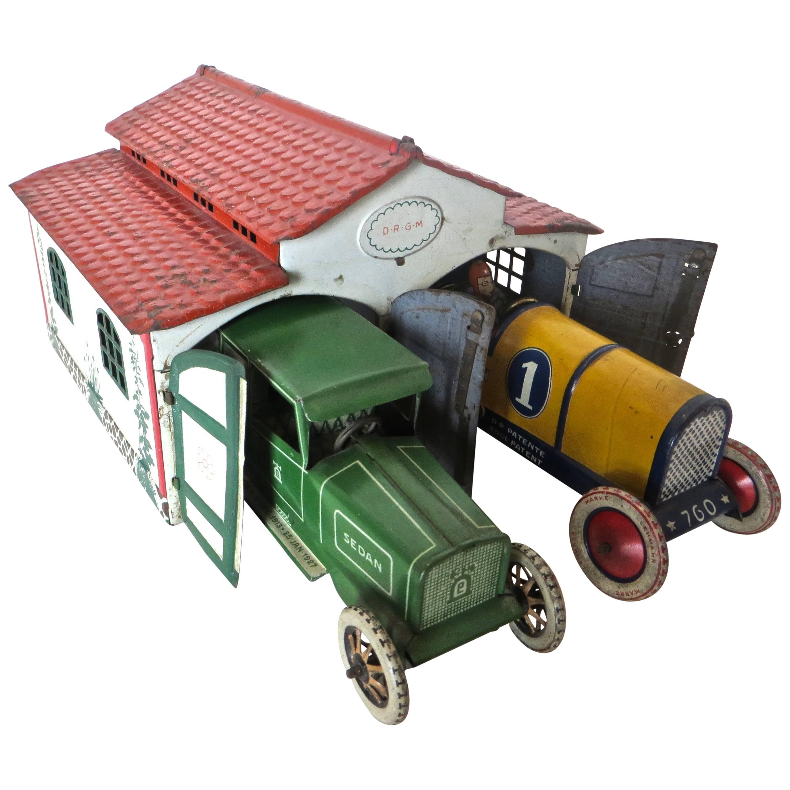 Antique Toy Two Car Garage with Autos by Lehman, Germany, circa 1927