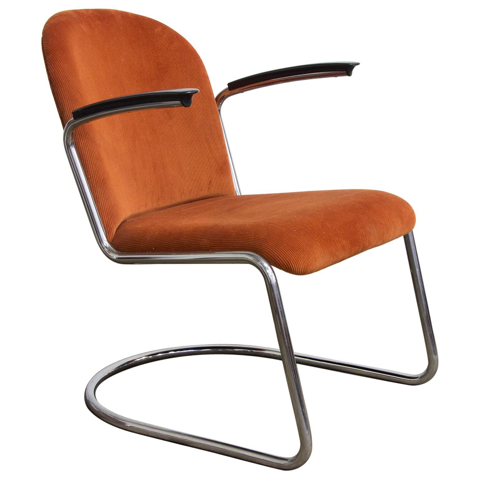 1935, W.H. Gispen by Gispen Culemborg, 413 Easy Chair in Terra Corduroi Fabric