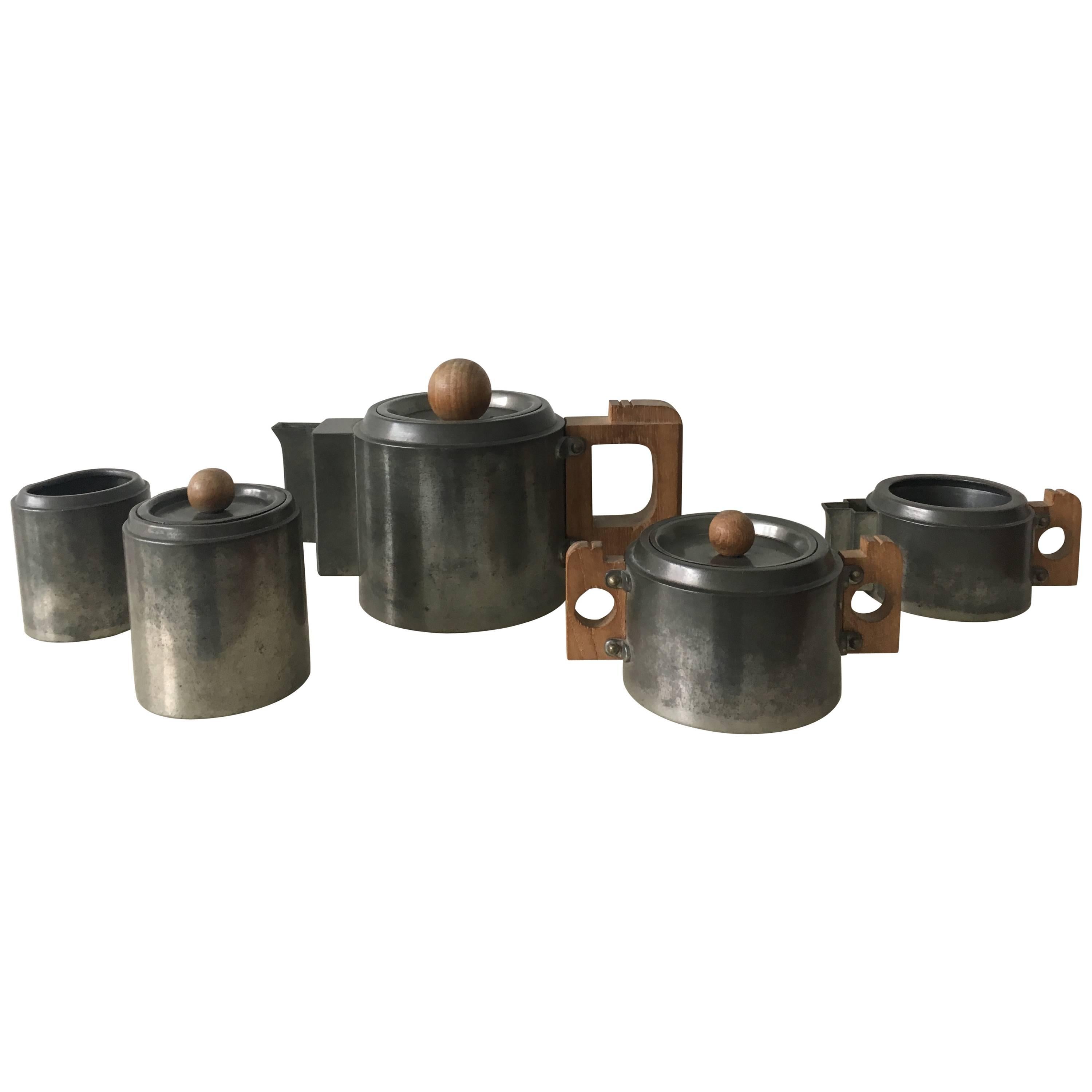Art Deco Tea Service, Pewter with Wooden Knobs and Handles, circa 1925 For Sale